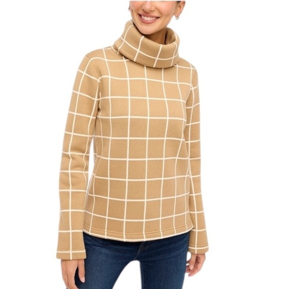 J. Crew Windowpane Fleece Lined Funnelneck Pullover Sweater Camel Tan Size M - Picture 11 of 11